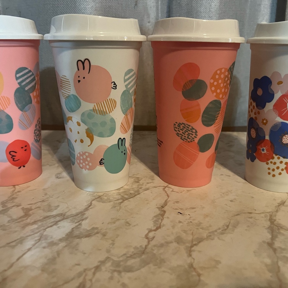 Plastic Starbucks Pink and White Bunny Pattern Travel Cup Set